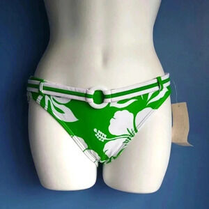 Hula Honey Belted Bikini Bottom Green White Floral NWT Small & Medium